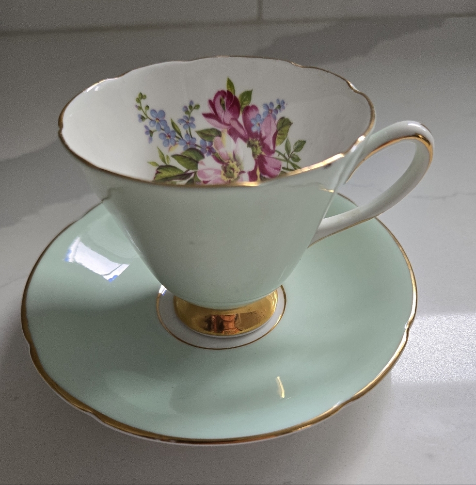 Vintage Floral Teacup and Saucer with Gold Trim